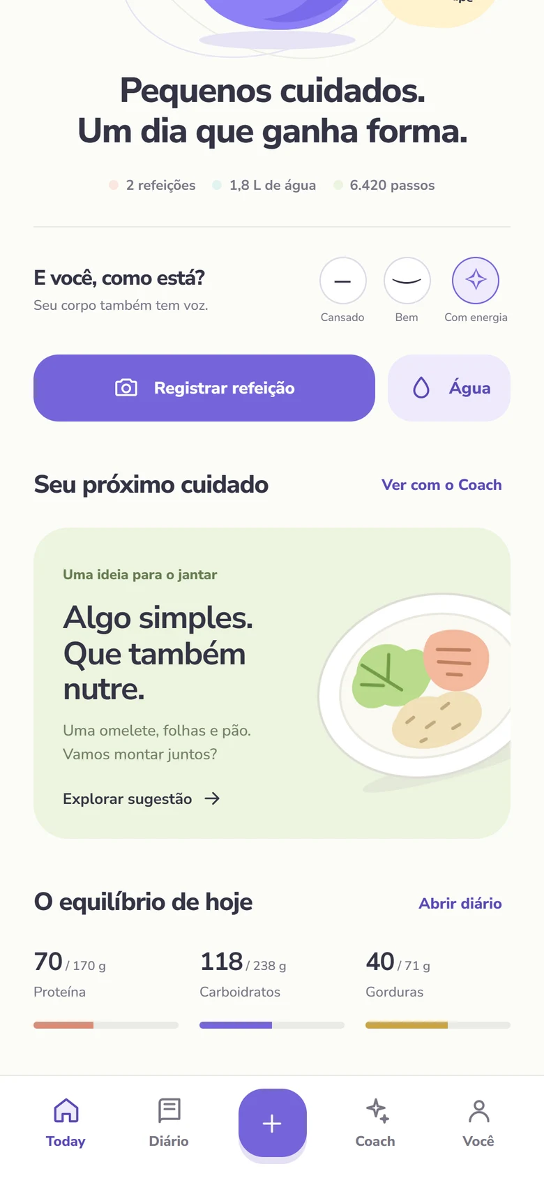 Today — check-in e macros